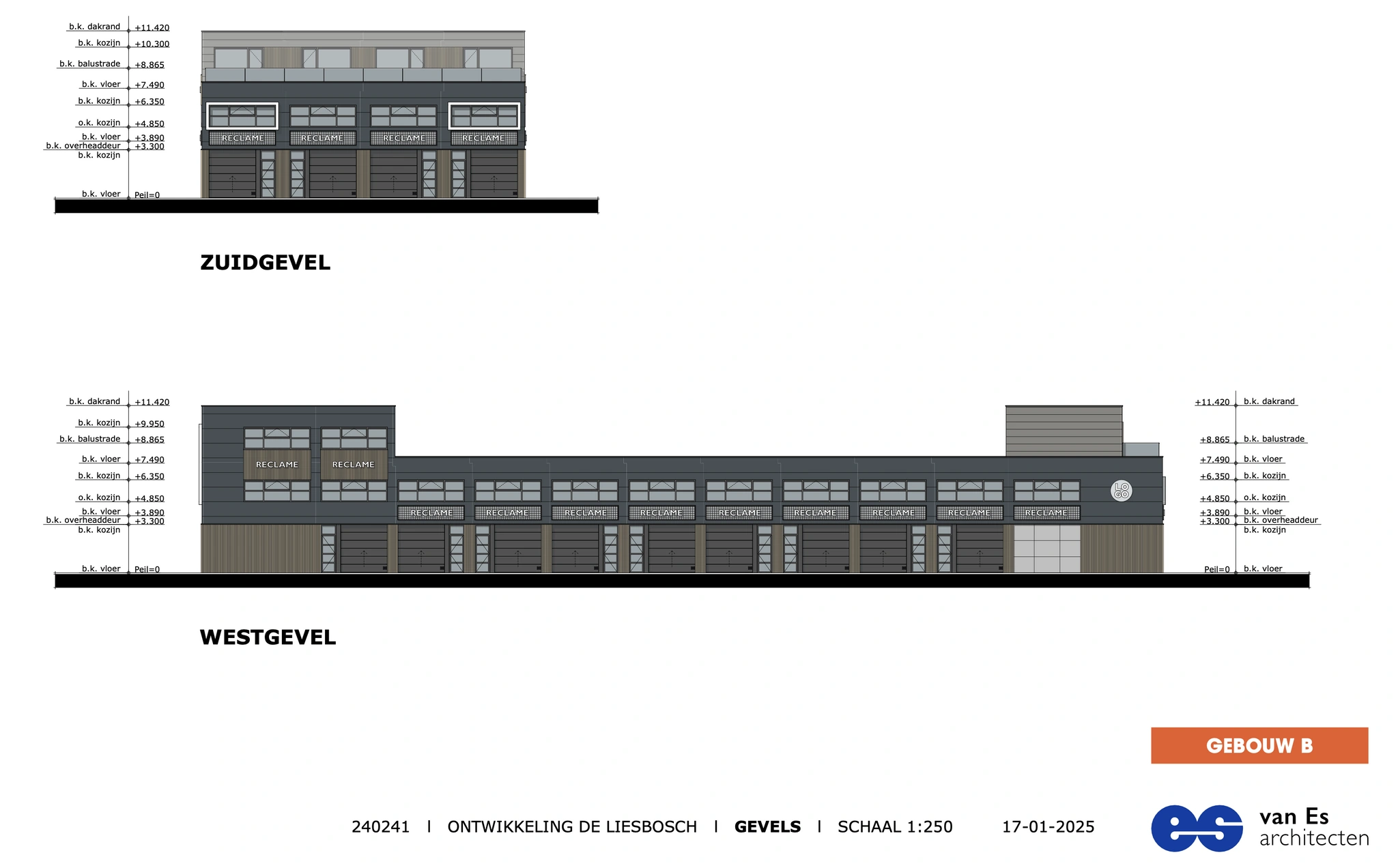 Architectonische gevelaanzichten van Gebouw B in ontwikkeling De Liesbosch, getoond vanuit zuid- en westzijde.